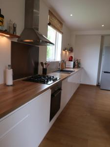 una cucina con ripiani bianchi e forno a piano cottura di Maison La Chapelle Bellevue a Saint-Solve