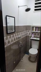 a bathroom with a toilet and a mirror on the wall at Hadeera Minimalis Family Homestay in Kuala Terengganu