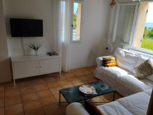 a living room with a white couch and a tv at L'Albizia in Nice