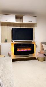 a living room with a fireplace with a flat screen tv at Lakeside East 16 - Haggerston Castle in Berwick-Upon-Tweed