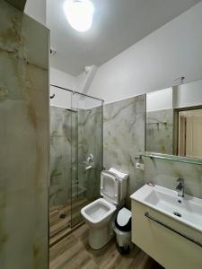 een badkamer met een toilet, een wastafel en een douche bij Le Monde 2 in Borsh