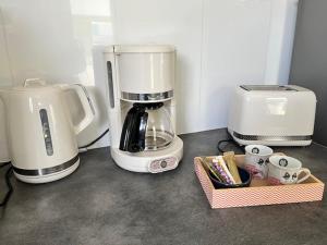 - un comptoir avec une cafetière et un mixeur dans l'établissement La Cabane aux lacs ~ Maison cosy au calme, à Aureilhan 13 autres photos