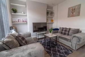a living room with two couches and a fireplace at Beautiful Home near City Centre in Nottingham