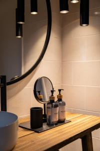 a bathroom counter with two bottles of soap and a mirror at Chalet Boisée in Voorthuizen +40 photos