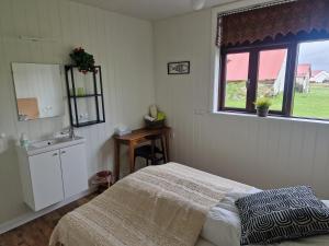 een slaapkamer met een bed, een wastafel en een raam bij Sólheimahjáleiga Guesthouse in Solheimahjaleiga
