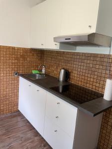 a kitchen with white cabinets and a sink at Ferienwohnung in Amstetten in Amstetten