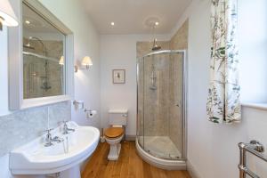 a bathroom with a shower and a sink and a toilet at Charming Georgian Coach House in Hexham +41 photos