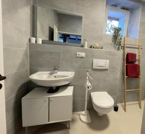 a bathroom with a white sink and a toilet at Ferienwohnung Haus Gänseplatz in Volkach +29 photos
