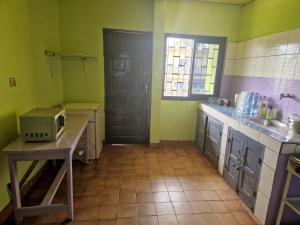 une cuisine avec évier et four micro-ondes sur un comptoir dans l'établissement Bel Appartement meublé à Bafoussam, à Bafoussam