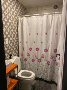 a bathroom with a shower curtain with a toilet at La Pinocha de Ruiz in Ruiz +19 photos