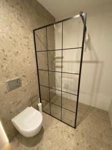 Un baño con inodoro y cabina de ducha de cristal. en TOMALE-AMT Apartamenty Kasprowicza Kołobrzeg - basen, jacuzzi, sauna, siłownia w cenie apartamentu, en Kołobrzeg 15 fotos más
