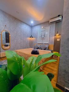 a room with a bed and a plant in it at MIS HOSTEL Cần Thơ in Can Tho