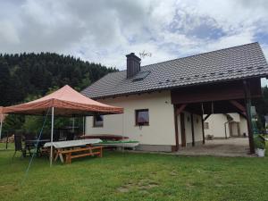 una casa con tavolo da picnic e ombrellone di Domek Myśliwski a Gołkowice Dolne