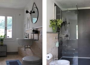 dwa obrazy łazienki z umywalką i prysznicem w obiekcie Casa Clarita w mieście Marostica