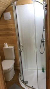 a bathroom with a shower and a toilet in a room at Crabmill Glamping with hot tub in Bewdley