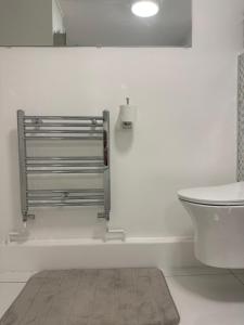 a white bathroom with a toilet and a sink at Alexandra Palace White Hart Lane Twin room in London