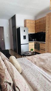 Cette chambre dispose d'une cuisine avec un lit et un réfrigérateur. dans l'établissement Nina Apartment, à Dráma
