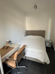 a small bedroom with a bed and a chair at Perfectly located holiday place in Beaulieu-sur-Mer