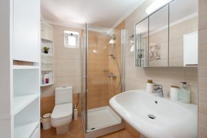 a bathroom with a toilet and a sink and a shower at Evangelia cozy View in Agios Nikolaos