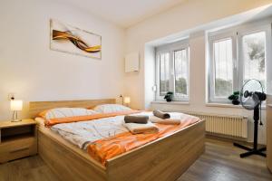 a bedroom with a large bed with towels on it at Apartmány Děčín in Děčín