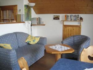 a living room with two blue couches and a table at Appartement in Wittenschwand mit Garten und Grill und Panoramablick in Wittenschwand