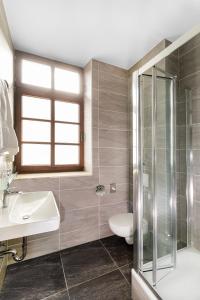 uma casa de banho com um WC, um lavatório e um chuveiro em Landhaus Danielshof em Bedburg