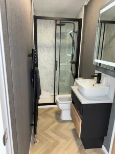 a bathroom with a shower and a sink and a toilet at luxury hot tub glamping apartment in Ireleth