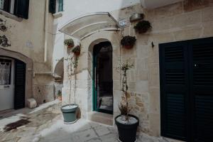 an entrance to a building with two potted plants at Palazzo Pezzolla Apartments in Monopoli