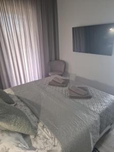 a bed with two towels on it in a bedroom at Sonia Pearl Apartament z parkingiem in Sianozety