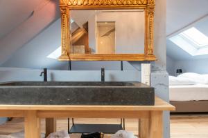 a bathroom with a sink and a mirror at Maisons de vacances Le Vieux Marronnier in Dinant +52 photos
