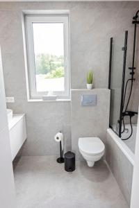 a white bathroom with a toilet and a window at Apartament Ponidzie in Zbludowice +12 photos