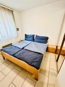 ein Schlafzimmer mit einem Bett mit blauen Kissen darauf in der Unterkunft Mon Bijoux in Ascona
