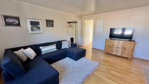 a living room with a blue couch and a flat screen tv at Orcas View Vestresand Lofoten in Bøstad
