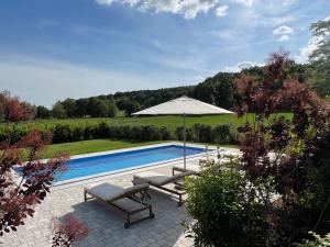 un patio con due sedie e un ombrellone accanto alla piscina di Káli Kütyü a Balatonhenye