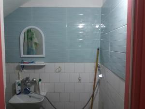 a small bathroom with a sink and a mirror at STIP Centar Private Room in Novo Selo +5 photos
