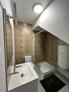 a bathroom with a sink and a shower at OW LIWIA w Niechorzu in Niechorze +16 photos