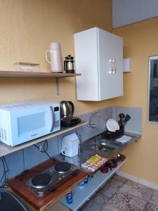 a kitchen with a microwave and a counter top at Apto 4 ótimo local próximo shopping in Campo Grande