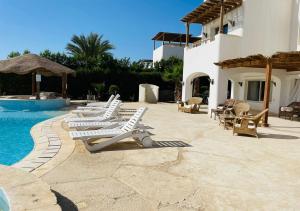 a group of lounge chairs next to a swimming pool at Unique 6 Bedrooms Villa 38 at White Villas El-Gouna in Hurghada