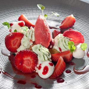 Saint-Étienne-de-FursacにあるLogis Hotel Restaurant Nougierのイチゴとアイスクリームの盛り合わせ