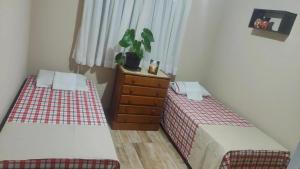 ein Schlafzimmer mit 2 Betten, einer Kommode und einer Pflanze in der Unterkunft Pousada Apucarana - Sede in Apucarana