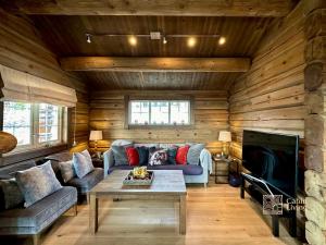 ein Wohnzimmer mit Sofa und Fernseher in der Unterkunft New log cabin with sauna, waxing shed & bench at Sjusjøen in Ringsaker + 56 Fotos