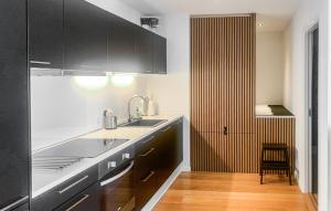 a kitchen with black cabinets and a sink at Beautiful Apartment In Ebeltoft in Ebeltoft