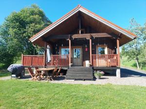 福尔萨Apteekkarinmökki的一间带野餐桌和桌子的木屋