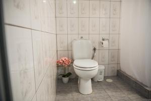 a bathroom with a white toilet and flowers in it at Happy Room-2' from sea in Kalamata +3 photos