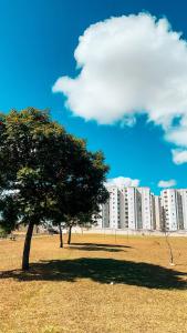 a tree in a field in front of a large building at Ninho de Aço - Casa Container! in Uberlândia +73 photos