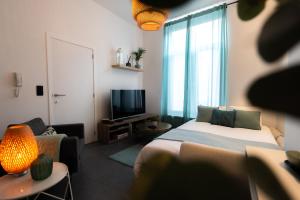 1 dormitorio con 1 cama, TV y sofá en Green Suite & Spa en Mons