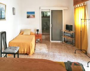 1 dormitorio con 1 cama y TV en una habitación en Studio with terrace at Frontera 2 km away from the beach, en La Frontera