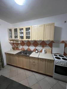 a kitchen with a sink and a stove and cabinets at Renome in Petrovac na Moru