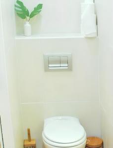 aseo blanco en un baño con planta en Appartement d'une chambre avec jardin amenage et wifi a Baie Mahault, en Baie-Mahault