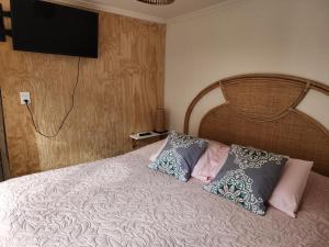 Schlafzimmer mit einem Bett mit Kissen und einem Flachbild-TV in der Unterkunft Cabaña Jacuzzi Exterior Privado in San José de Maipo